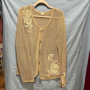 J. Jill Beige Open Knit Cardigan with Floral Accents